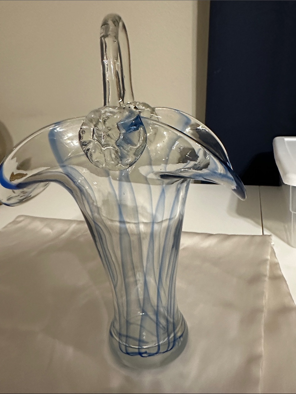Source Unknown Clear Glass Art Vase with Blue Ribbon Accents